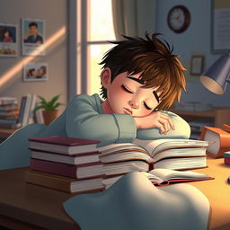 A scene depicting a young boy peacefully sleeping at his desk, with a cozy atmosphere