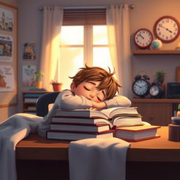 A scene depicting a young boy peacefully sleeping at his desk, with a cozy atmosphere
