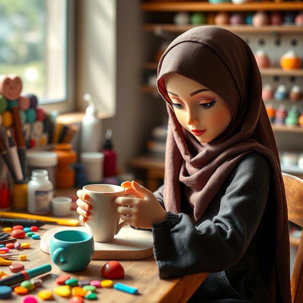 A beautiful doll wearing a hijab, focused on making a polymer clay mug on her workbench