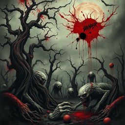 A disturbing, grotesque scene depicting a horror-inspired artwork featuring dark, surreal imagery