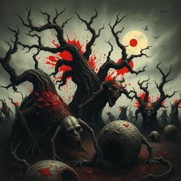 A disturbing, grotesque scene depicting a horror-inspired artwork featuring dark, surreal imagery