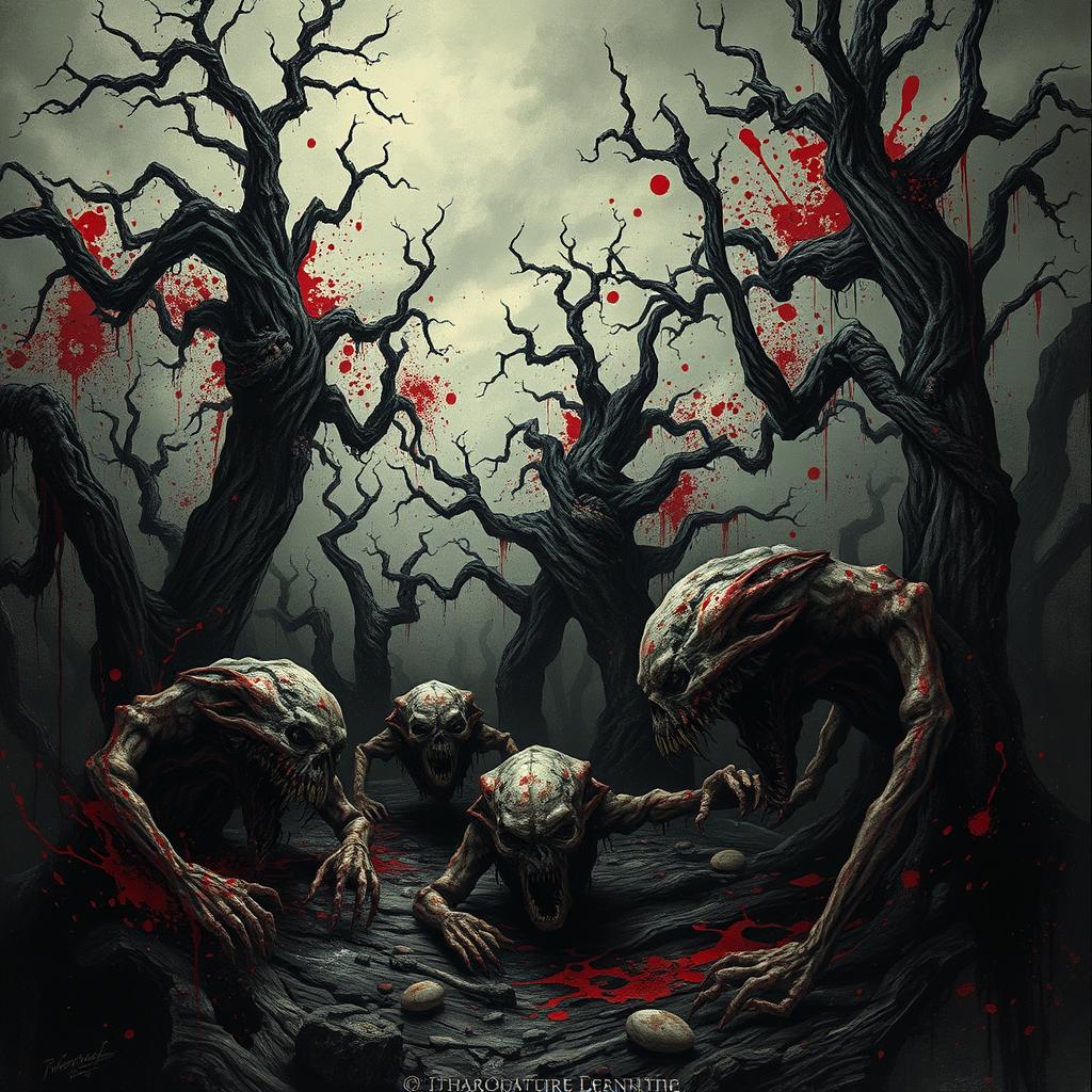 A disturbing, grotesque scene depicting a horror-inspired artwork featuring dark, surreal imagery