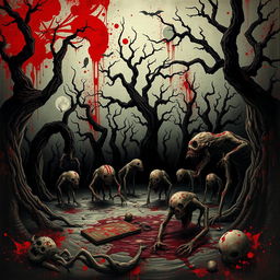 A disturbing, grotesque scene depicting a horror-inspired artwork featuring dark, surreal imagery