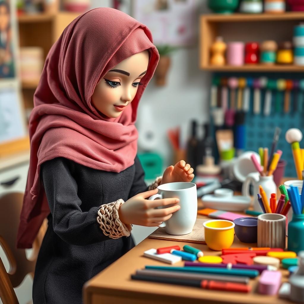 A beautiful doll wearing a hijab, expertly crafting a fimo clay mug on her work desk, surrounded by various colorful crafting tools and materials, showcasing her delicate artistry and creativity