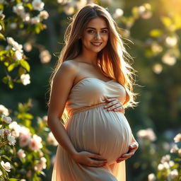 A stunning young woman in a beautifully lit, serene environment, showcasing her pregnancy with grace and elegance