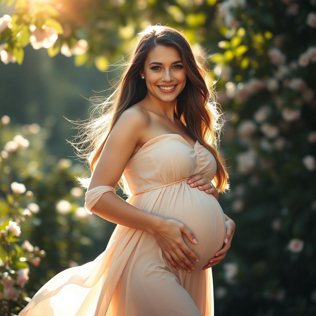 A stunning young woman in a beautifully lit, serene environment, showcasing her pregnancy with grace and elegance