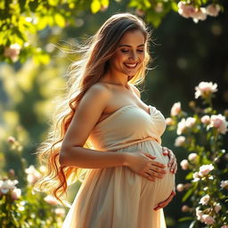 A stunning young woman in a beautifully lit, serene environment, showcasing her pregnancy with grace and elegance