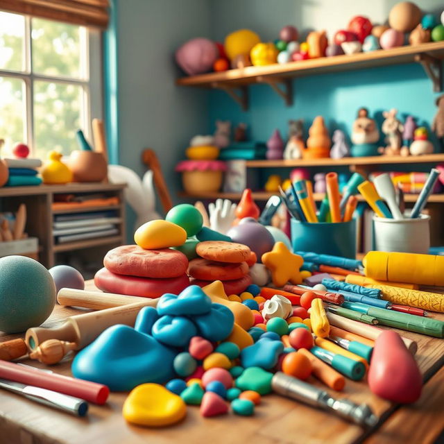 A detailed artistic scene depicting a vibrant workspace featuring colorful Fimo polymer clay in various shapes and sizes