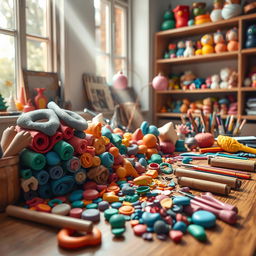 A detailed artistic scene depicting a vibrant workspace featuring colorful Fimo polymer clay in various shapes and sizes