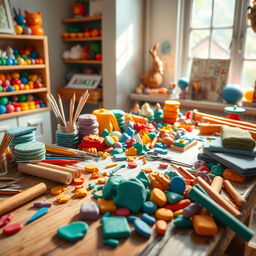 A detailed artistic scene depicting a vibrant workspace featuring colorful Fimo polymer clay in various shapes and sizes