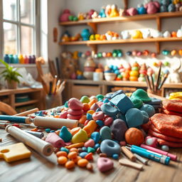 A detailed artistic scene depicting a vibrant workspace featuring colorful Fimo polymer clay in various shapes and sizes