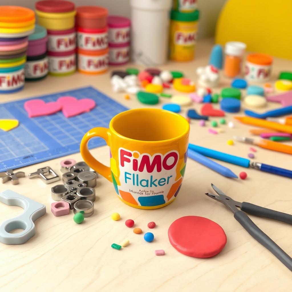 A creative workspace featuring a colorful Fimo clay mug, surrounded by various crafting tools such as a cutting mat, a set of punch tools, and fondant tools