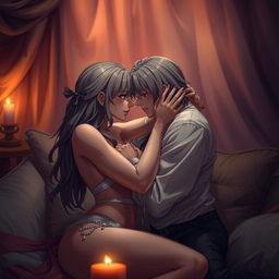A highly detailed scene in an intimate setting featuring two adult characters engaged in a passionate embrace, surrounded by soft, ambient lighting that creates a romantic atmosphere