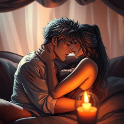 A highly detailed scene in an intimate setting featuring two adult characters engaged in a passionate embrace, surrounded by soft, ambient lighting that creates a romantic atmosphere
