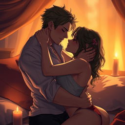 A highly detailed scene in an intimate setting featuring two adult characters engaged in a passionate embrace, surrounded by soft, ambient lighting that creates a romantic atmosphere