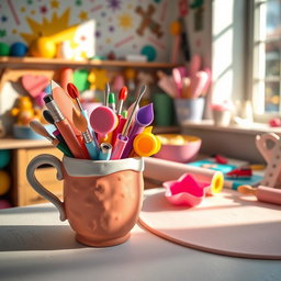 A colorful workspace featuring a vibrant and organized setup for working with fondant and crafting