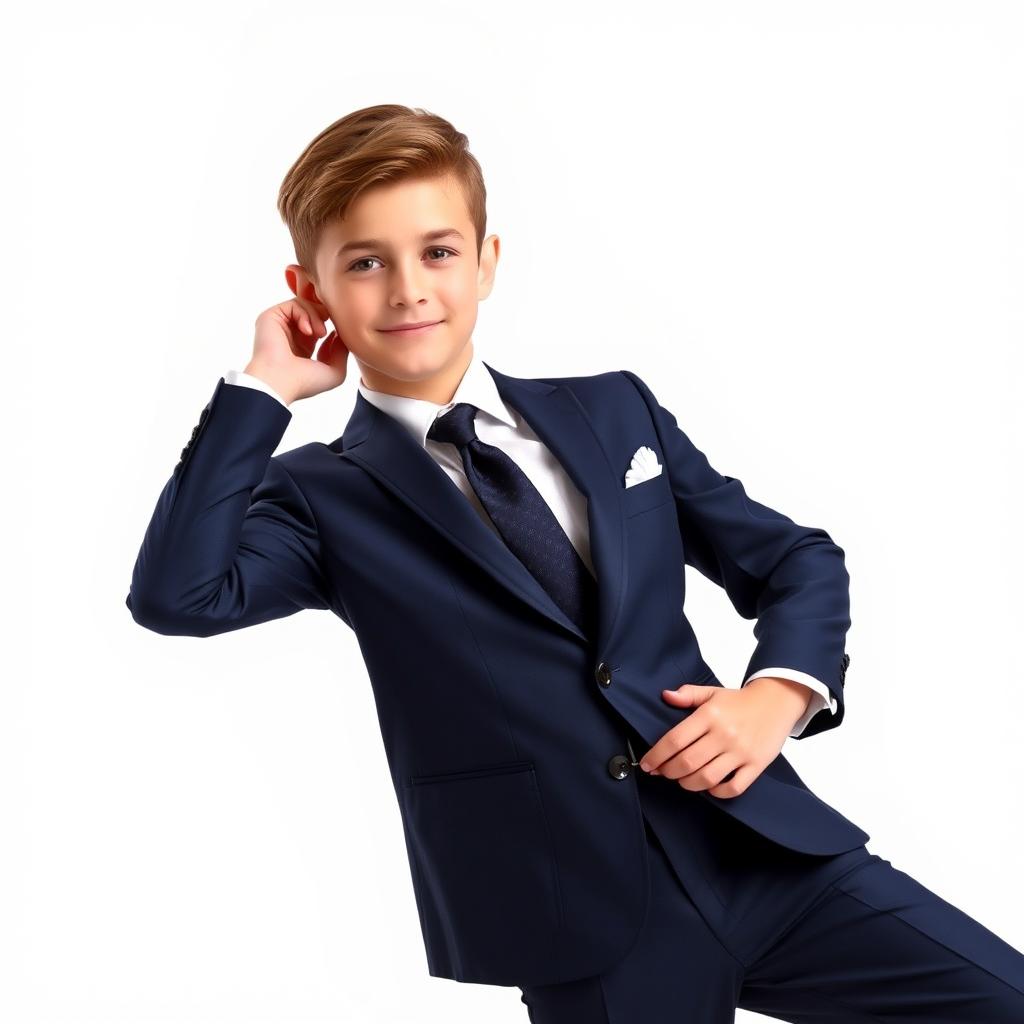 A handsome young boy gracefully modeling a sophisticated and elegant suit, which is stylishly tailored and perfectly fits