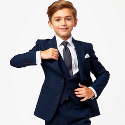 A handsome young boy gracefully modeling a sophisticated and elegant suit, which is stylishly tailored and perfectly fits