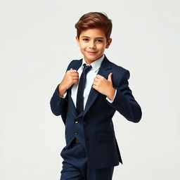A handsome young boy gracefully modeling a sophisticated and elegant suit, which is stylishly tailored and perfectly fits