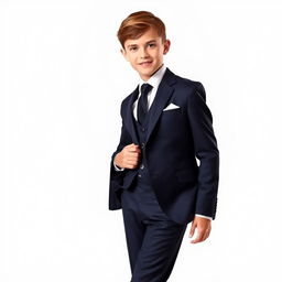 A handsome young boy gracefully modeling a sophisticated and elegant suit, which is stylishly tailored and perfectly fits