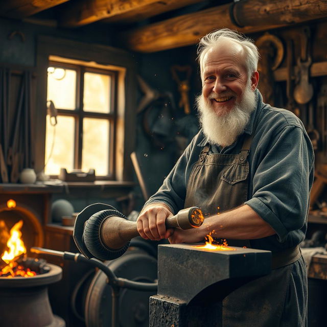 An older man with a grizzled beard, working diligently as a blacksmith in his workshop