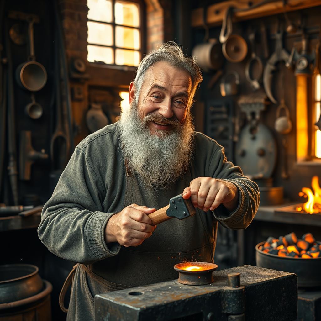 An older man with a grizzled beard, working diligently as a blacksmith in his workshop