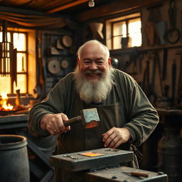 An older man with a grizzled beard, working diligently as a blacksmith in his workshop