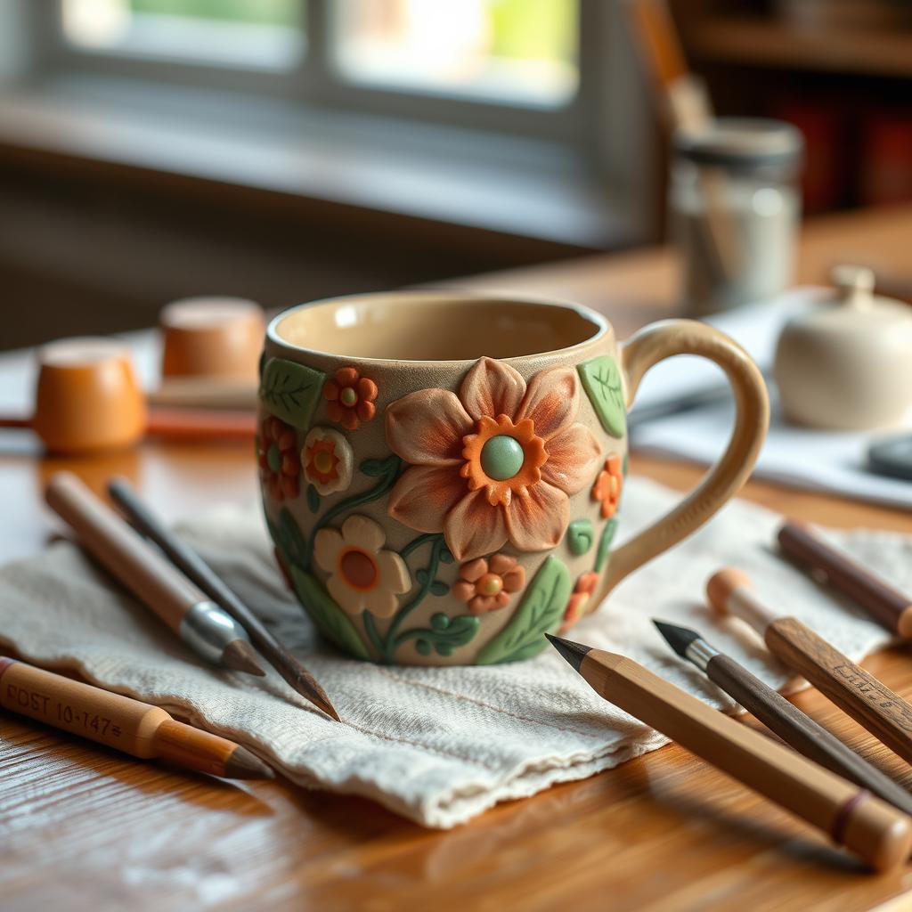 A beautifully crafted flower-designed clay mug, featuring intricate floral patterns and vibrant colors