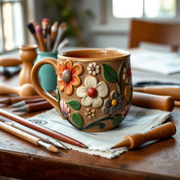 A beautifully crafted flower-designed clay mug, featuring intricate floral patterns and vibrant colors