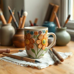 A beautifully crafted flower-designed clay mug, featuring intricate floral patterns and vibrant colors