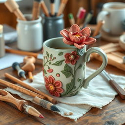 A beautifully crafted flower-designed clay mug, featuring intricate floral patterns and vibrant colors