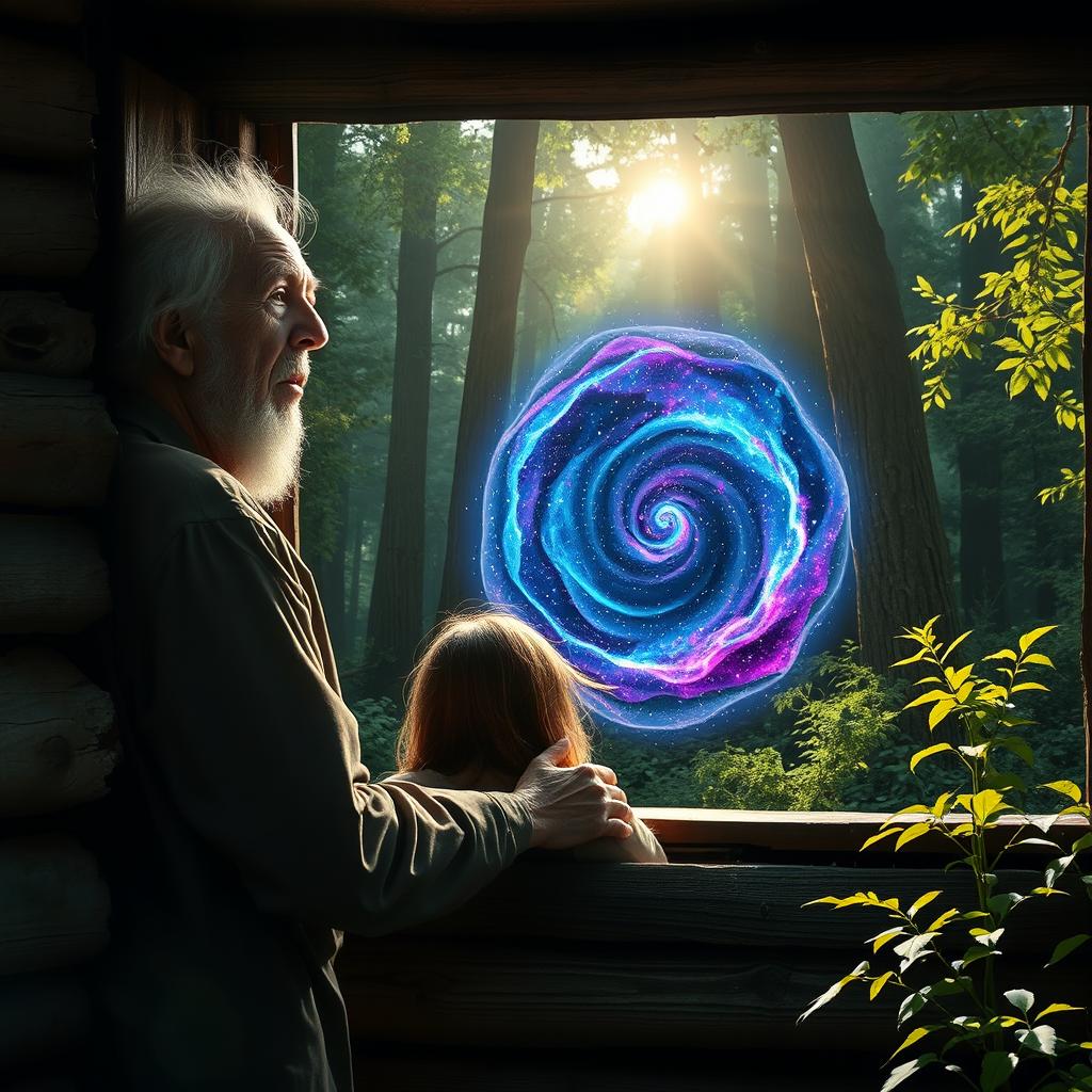 A frail old man with thinning white hair and deep wrinkles stands at the window of his rustic wooden hut, observing a heart-wrenching scene