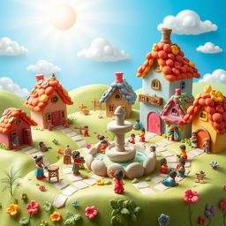 A vibrant and whimsical scene showcasing a clay village named 'Clay Village'