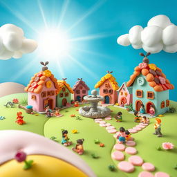 A vibrant and whimsical scene showcasing a clay village named 'Clay Village'
