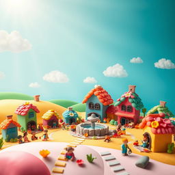 A vibrant and whimsical scene showcasing a clay village named 'Clay Village'