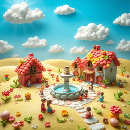 A vibrant and whimsical scene showcasing a clay village named 'Clay Village'