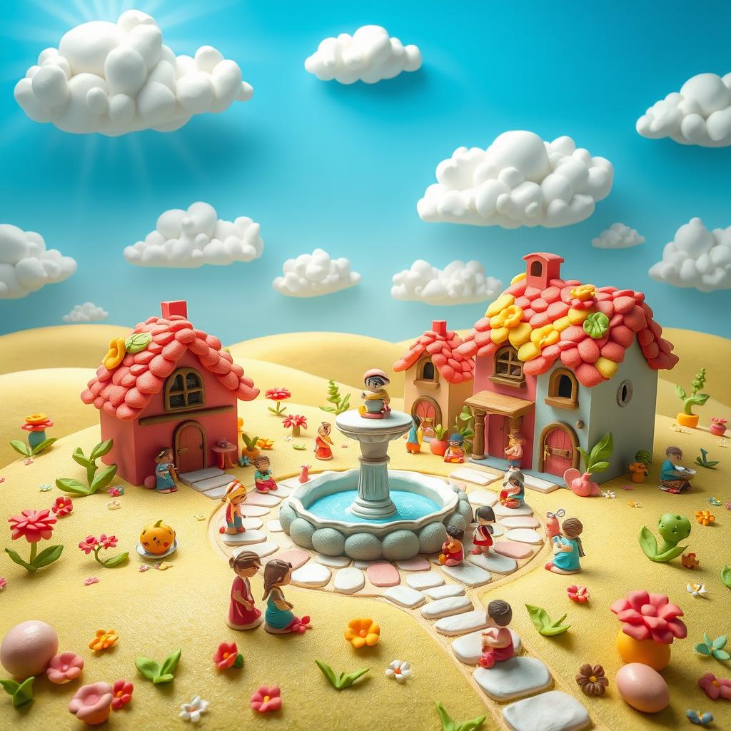 A vibrant and whimsical scene showcasing a clay village named 'Clay Village'