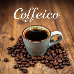 A stylish coffee cup filled with rich, aromatic coffee, placed on a rustic wooden table