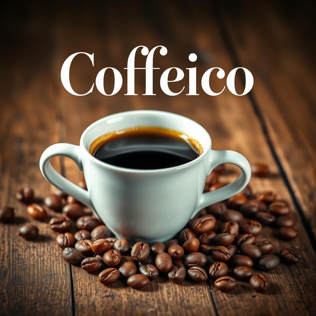 A stylish coffee cup filled with rich, aromatic coffee, placed on a rustic wooden table