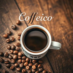 A stylish coffee cup filled with rich, aromatic coffee, placed on a rustic wooden table