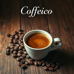A stylish coffee cup filled with rich, aromatic coffee, placed on a rustic wooden table