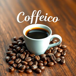 A chic coffee cup brimming with freshly brewed coffee, placed elegantly on a wooden tabletop