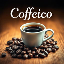 A chic coffee cup brimming with freshly brewed coffee, placed elegantly on a wooden tabletop