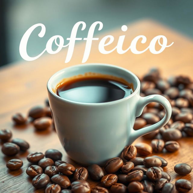 A chic coffee cup brimming with freshly brewed coffee, placed elegantly on a wooden tabletop
