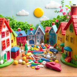 A charming clay village featuring several cute buildings made from polymer clay, with intricate details like tiny windows and doors