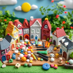A charming clay village featuring several cute buildings made from polymer clay, with intricate details like tiny windows and doors