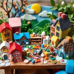 A charming clay village featuring several cute buildings made from polymer clay, with intricate details like tiny windows and doors