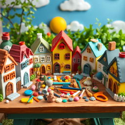A charming clay village featuring several cute buildings made from polymer clay, with intricate details like tiny windows and doors