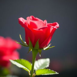 A beautiful rose in vibrant strawberry color, showcasing delicate petals and a lush green stem