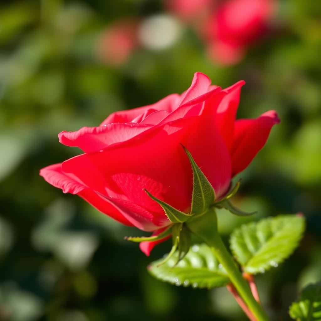 A beautiful rose in vibrant strawberry color, showcasing delicate petals and a lush green stem